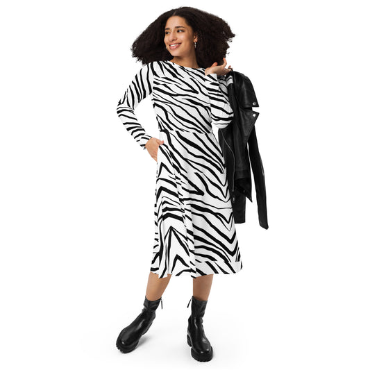 Striped Zebra Vibrance Women's Long Sleeve Midi Dress - FLAKOUT